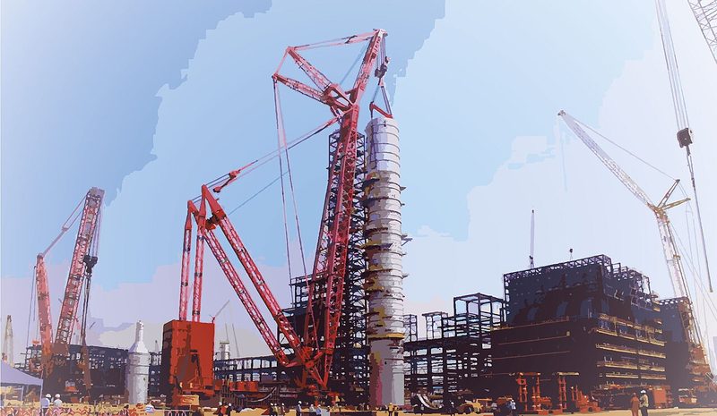 Massive crude distillation column being installed at the Dangote refinery in Lekki, Lagos